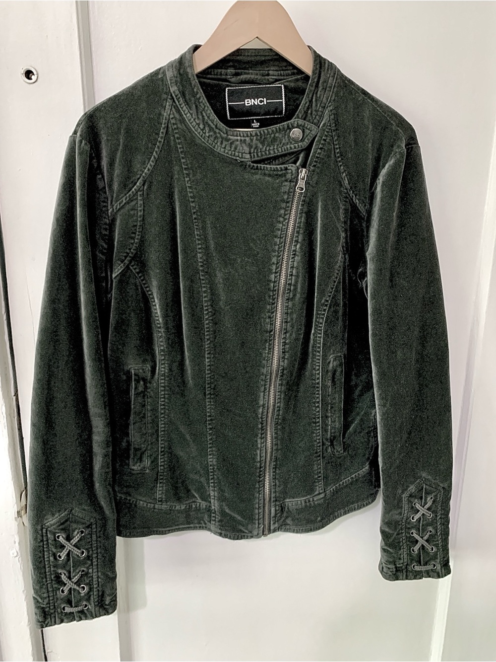 BNCI by Blanc Noir Velvet Asymmetrical Moto Jacket W/ Laced Corset Sleeves